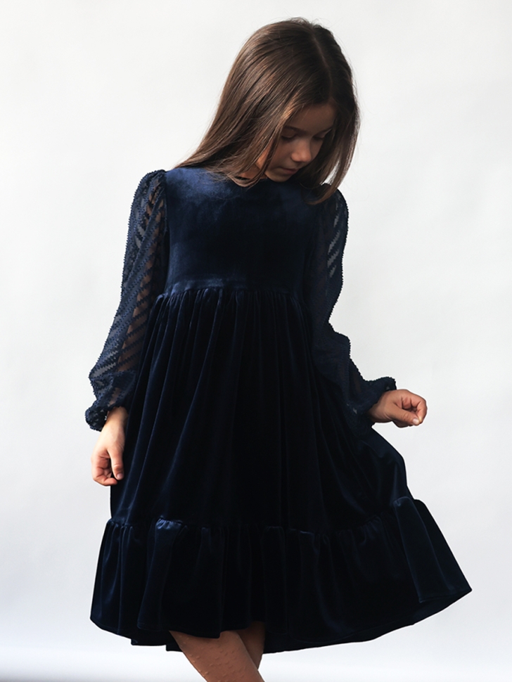 Платье велюровое нарядное БУШОН ST63, цвет темно-синий рукав