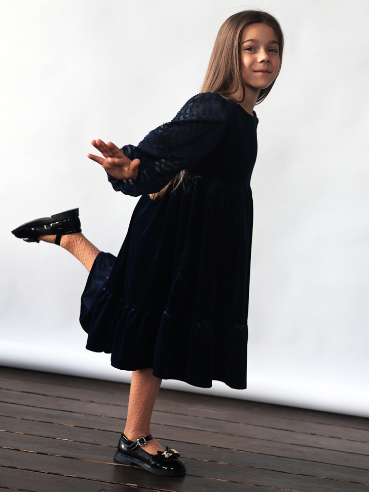 Платье велюровое нарядное БУШОН ST63, цвет темно-синий рукав