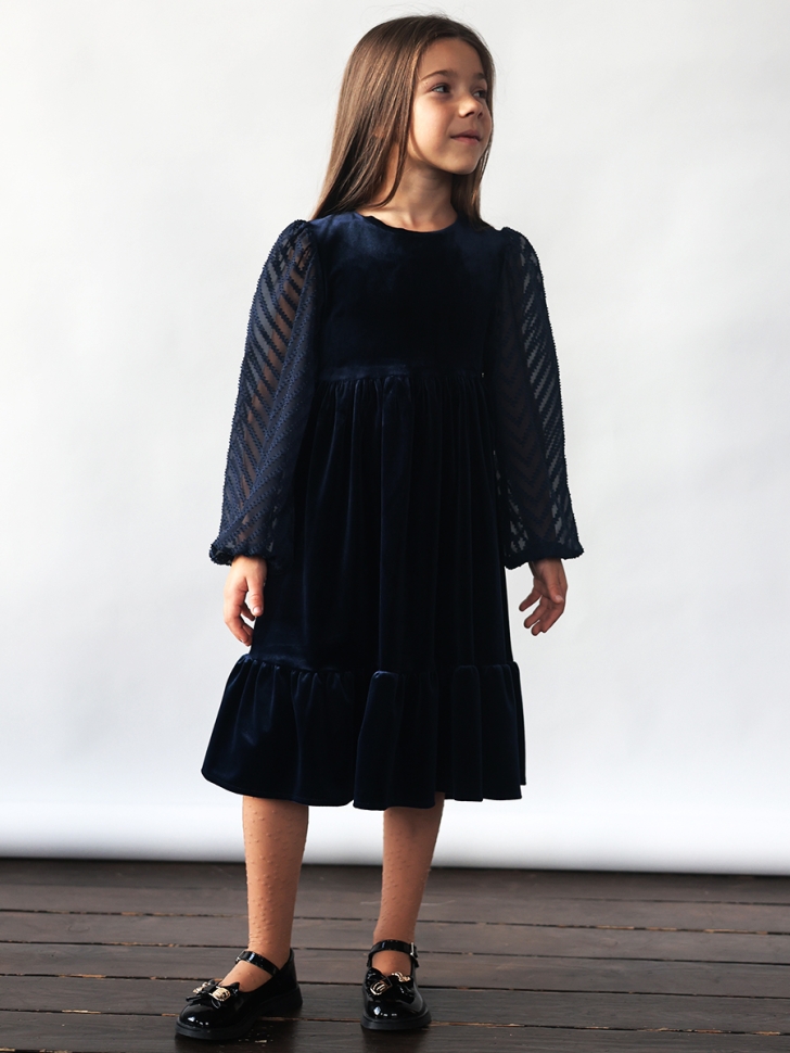 Платье велюровое нарядное БУШОН ST63, цвет темно-синий рукав