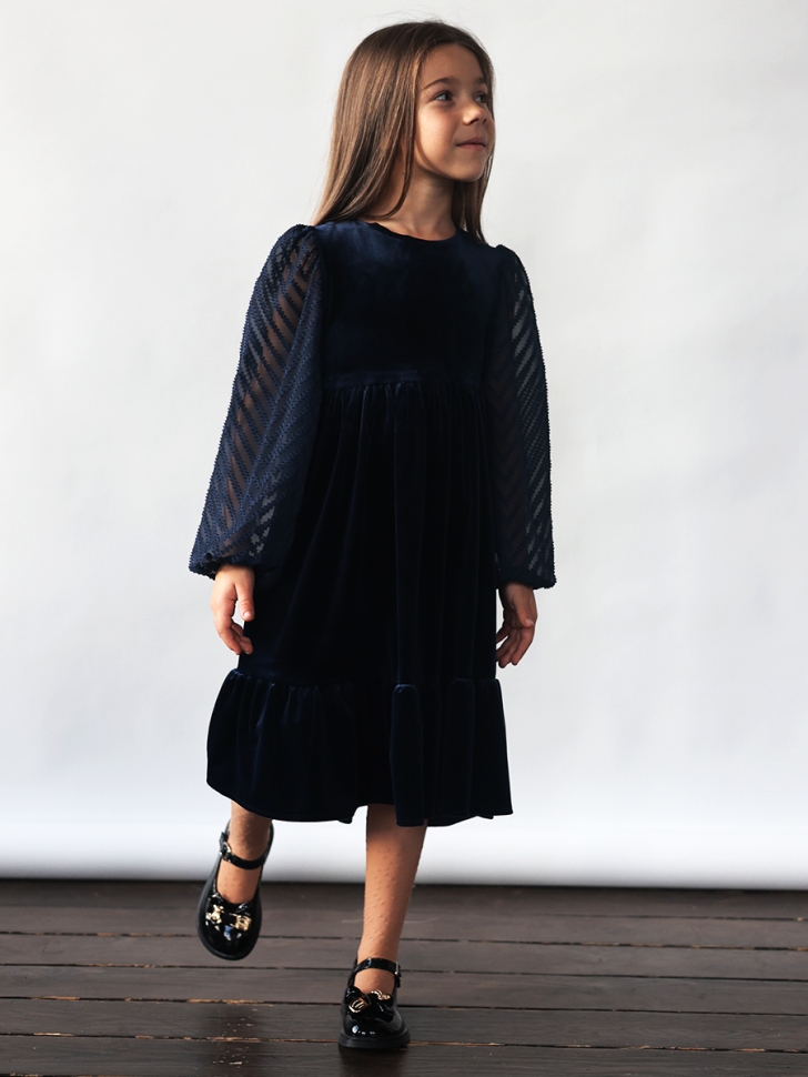 Платье велюровое нарядное БУШОН ST63, цвет темно-синий рукав