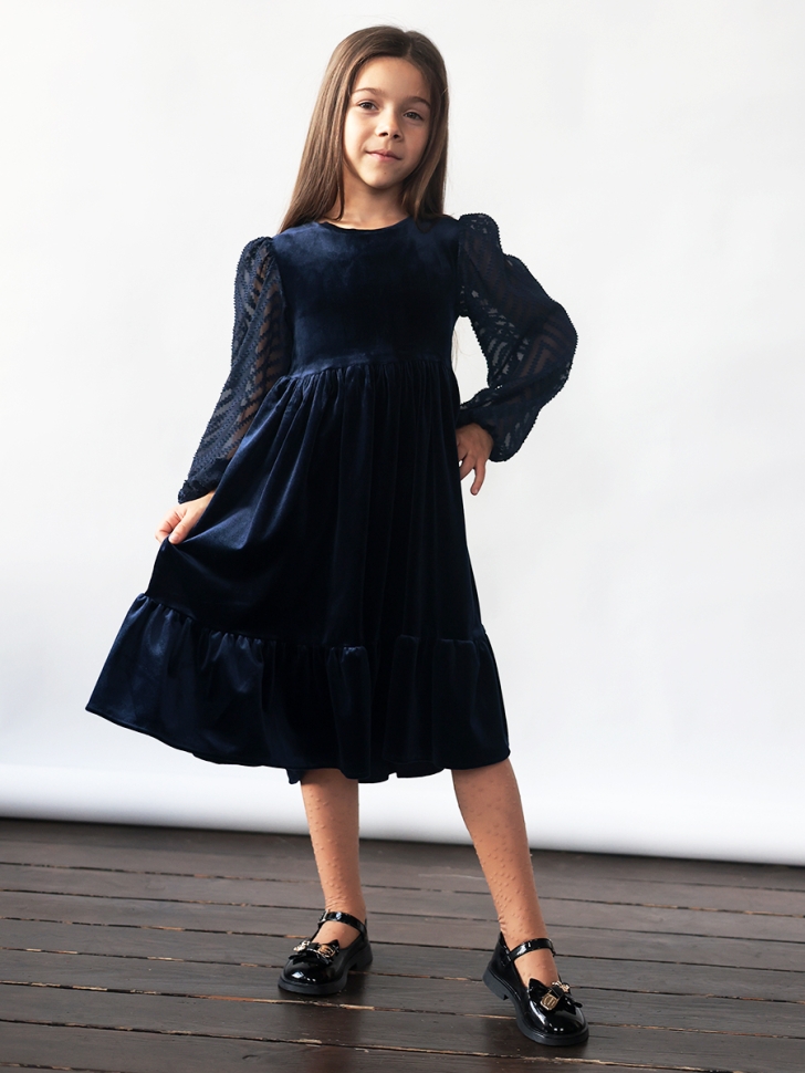 Платье велюровое нарядное БУШОН ST63, цвет темно-синий рукав