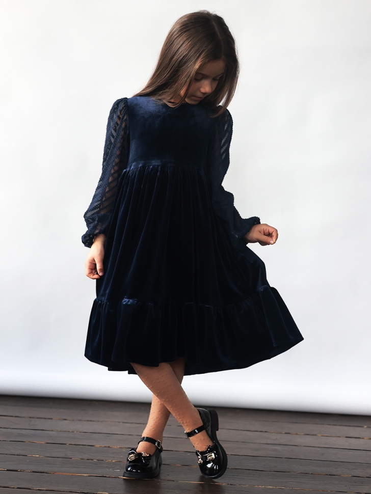 Платье велюровое нарядное БУШОН ST63, цвет темно-синий рукав