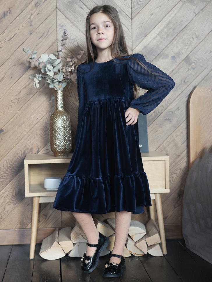 Платье велюровое нарядное БУШОН ST63, цвет темно-синий рукав