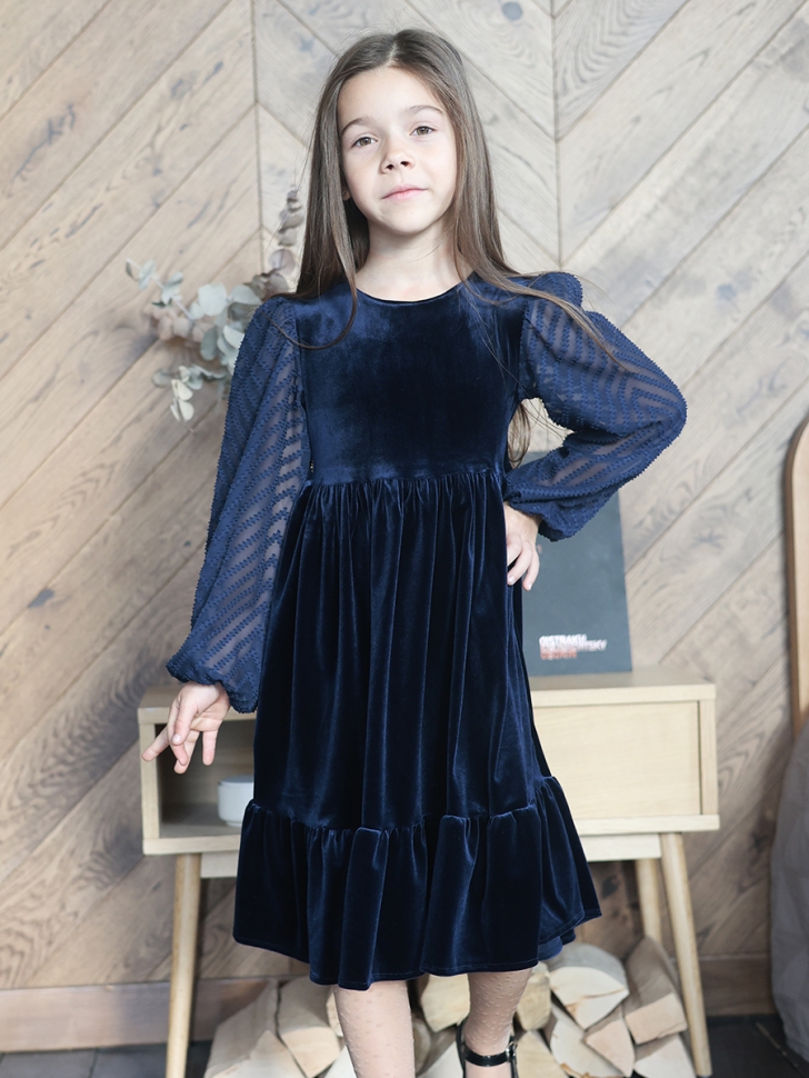 Платье велюровое нарядное БУШОН ST63, цвет темно-синий рукав