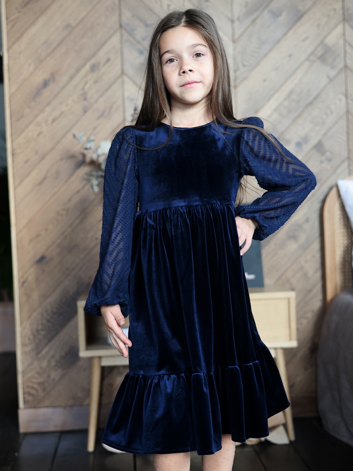 Платье велюровое нарядное БУШОН ST63, цвет темно-синий рукав