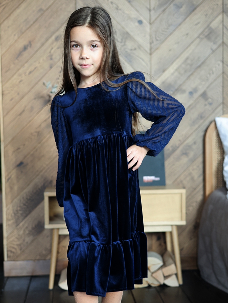 Платье велюровое нарядное БУШОН ST63, цвет темно-синий рукав