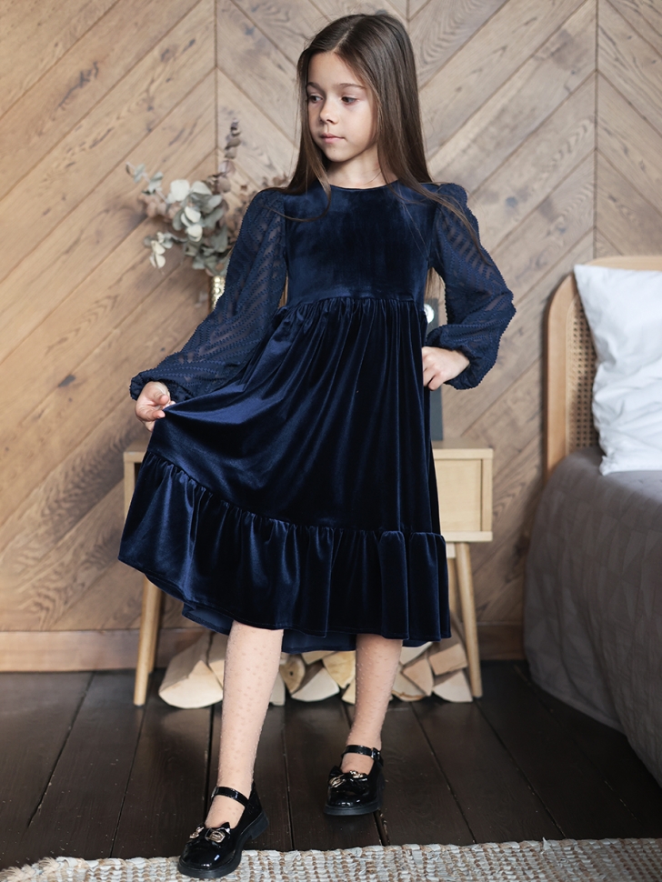 Платье велюровое нарядное БУШОН ST63, цвет темно-синий рукав