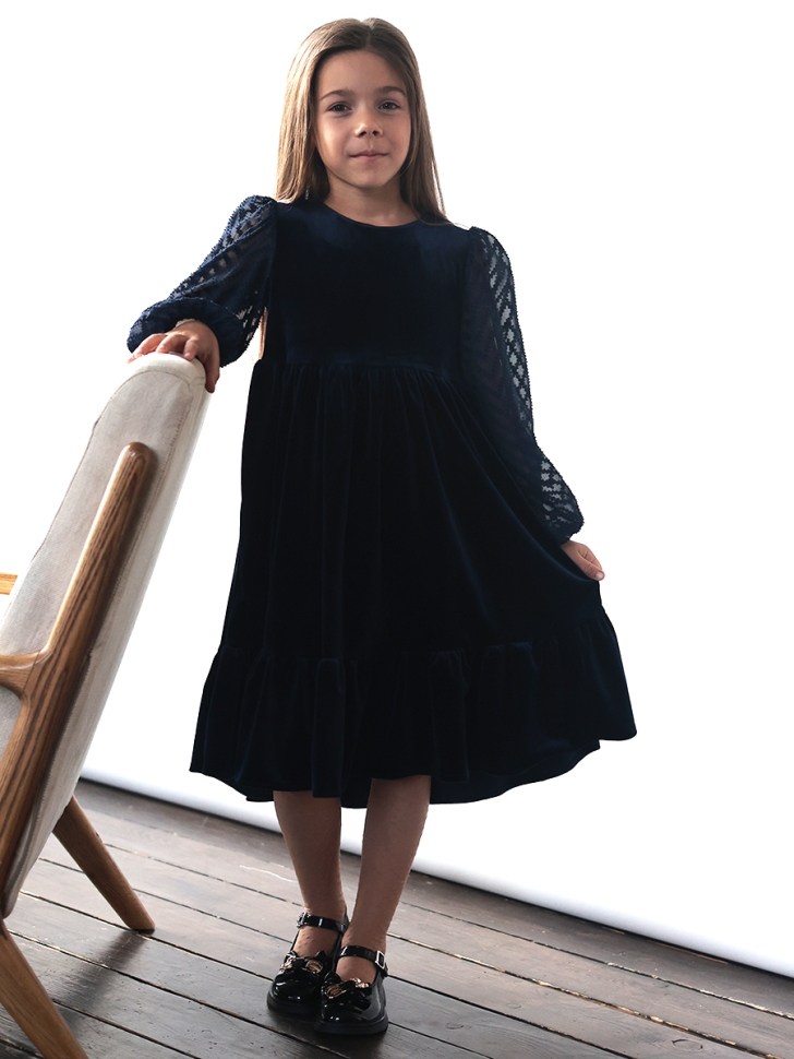 Платье велюровое нарядное БУШОН ST63, цвет темно-синий рукав