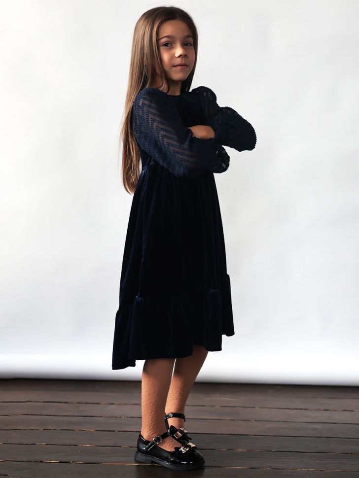 Платье велюровое нарядное БУШОН ST63, цвет темно-синий рукав