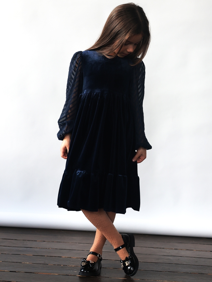 Платье велюровое нарядное БУШОН ST63, цвет темно-синий рукав