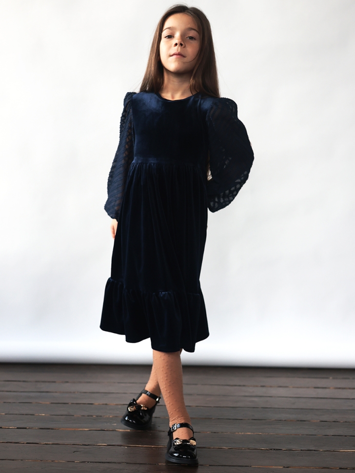 Платье велюровое нарядное БУШОН ST63, цвет темно-синий рукав