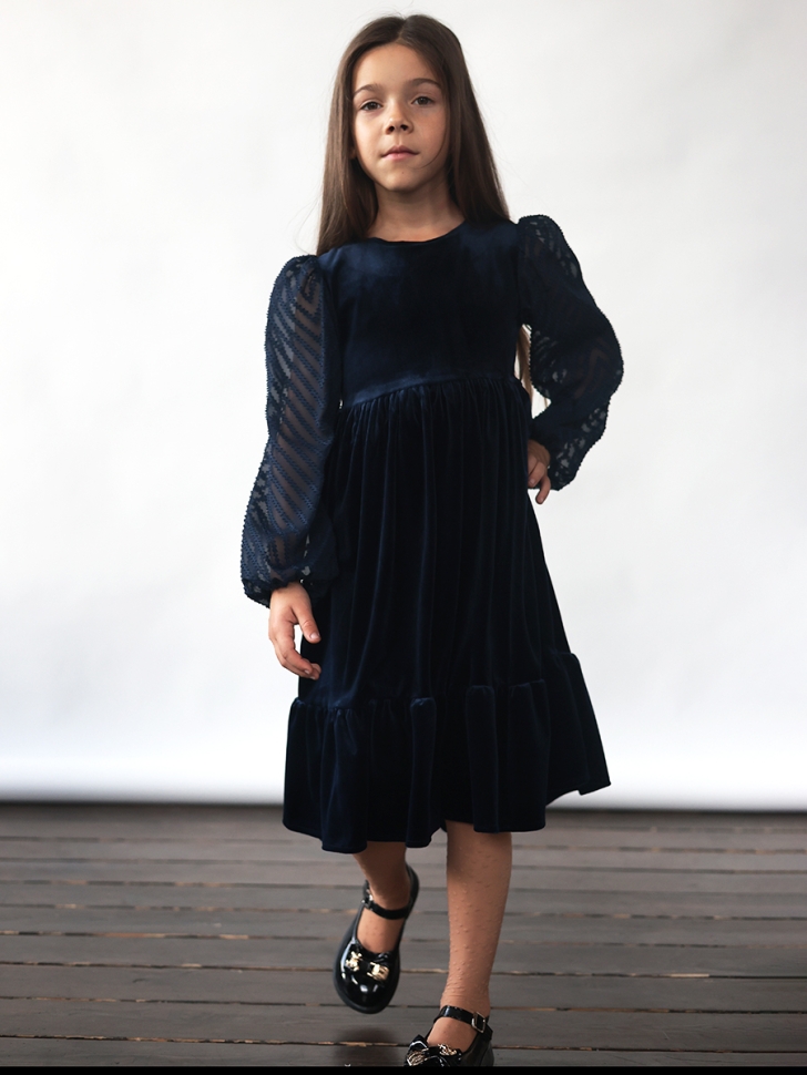 Платье велюровое нарядное БУШОН ST63, цвет темно-синий рукав