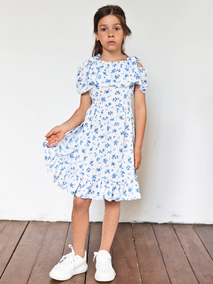 Платье для девочки вискоза БУШОН ST65, цвет белый/голубой цветы
