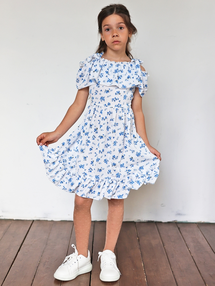 Платье для девочки вискоза БУШОН ST65, цвет белый/голубой цветы