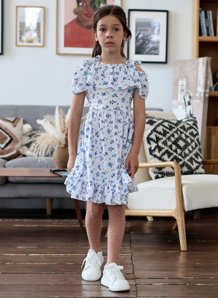 Платье для девочки вискоза БУШОН ST65, цвет белый/голубой цветы