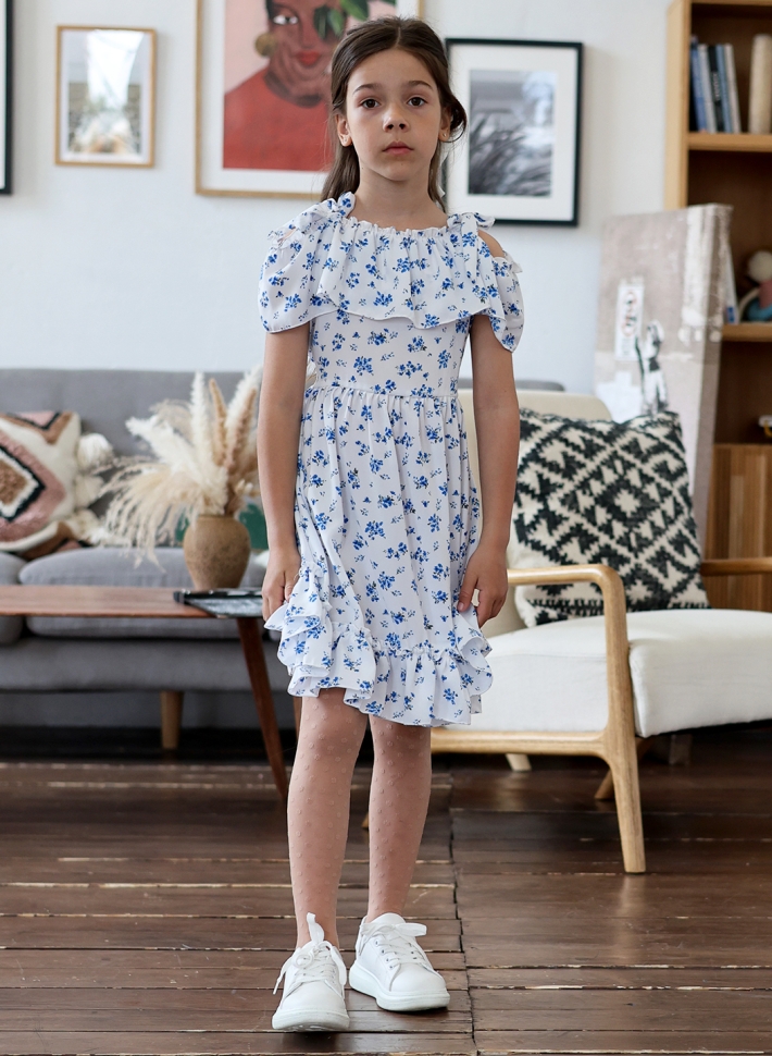 Платье для девочки вискоза БУШОН ST65, цвет белый/голубой цветы