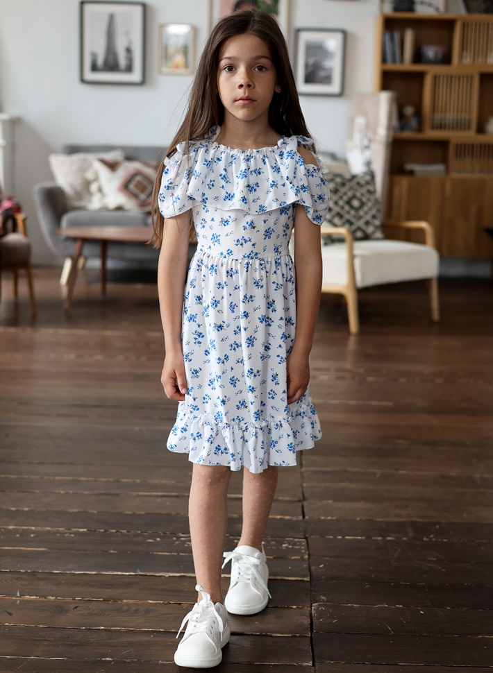 Платье для девочки вискоза БУШОН ST65, цвет белый/голубой цветы