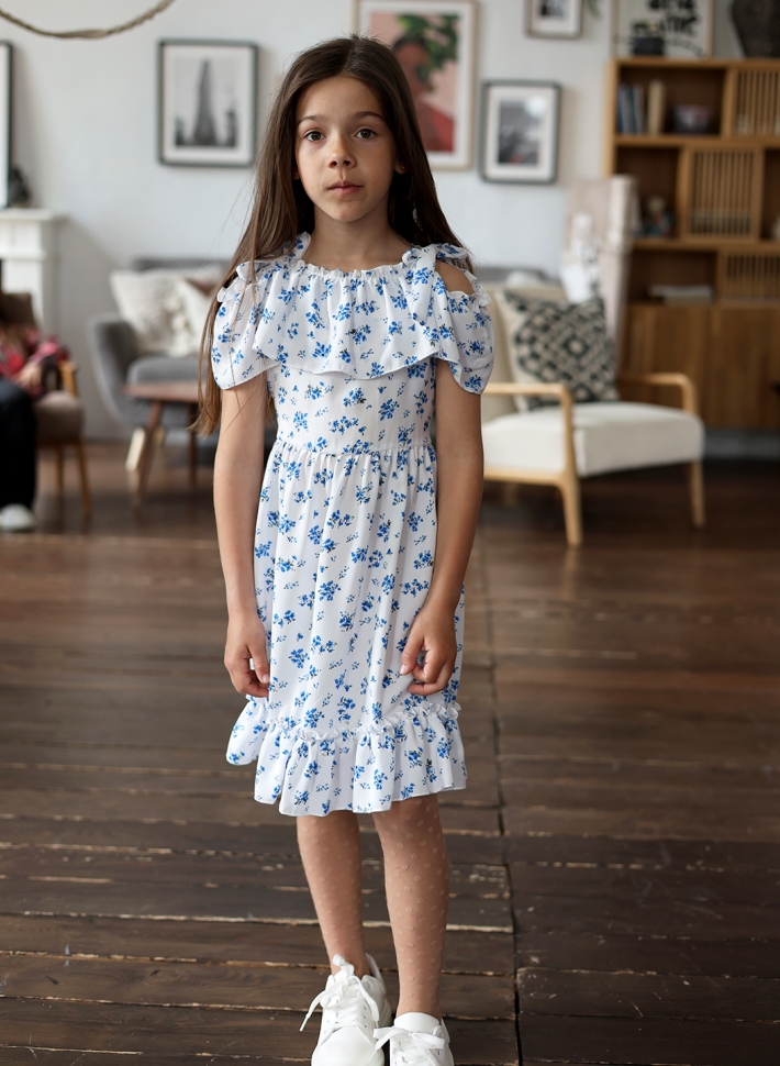 Платье для девочки вискоза БУШОН ST65, цвет белый/голубой цветы