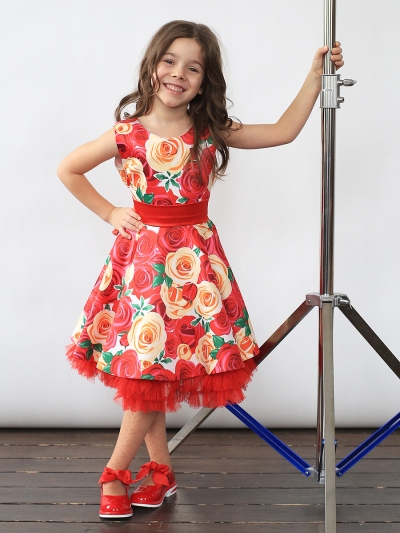 Платье для девочки нарядное БУШОН ST30, стиляги цвет красный/желтый пояс красный, принт красные цветы
