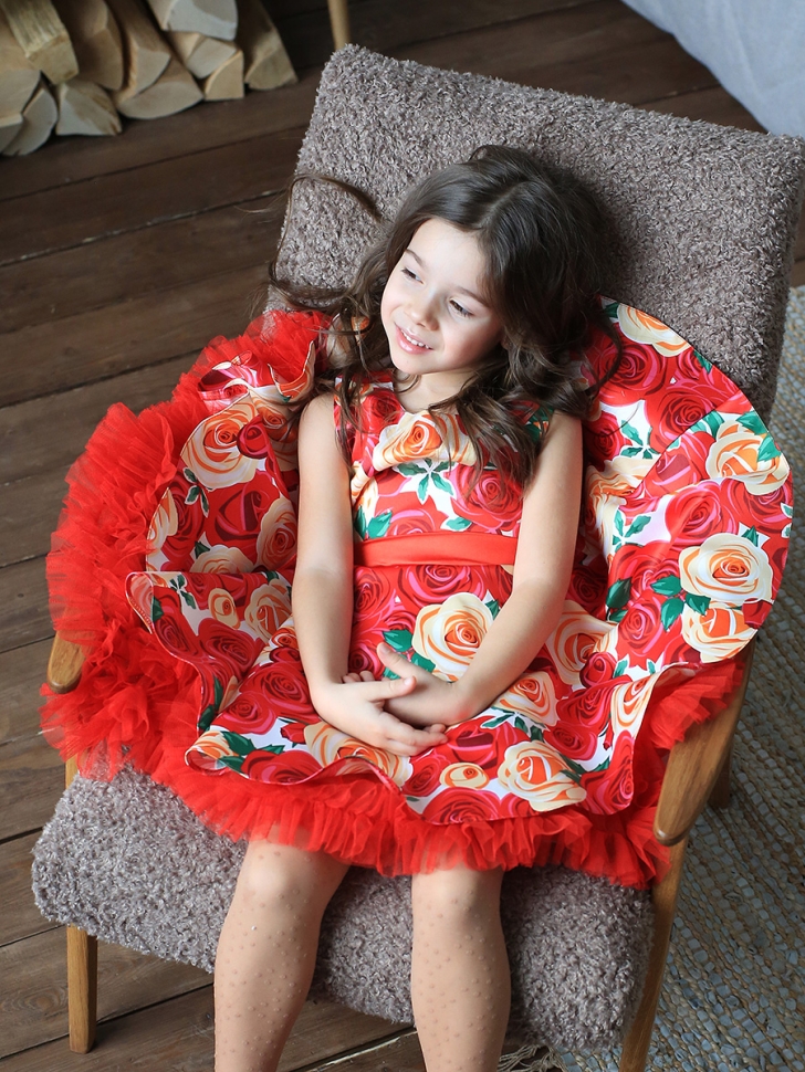 Платье для девочки нарядное БУШОН ST30, стиляги цвет красный/желтый пояс красный, принт красные цветы