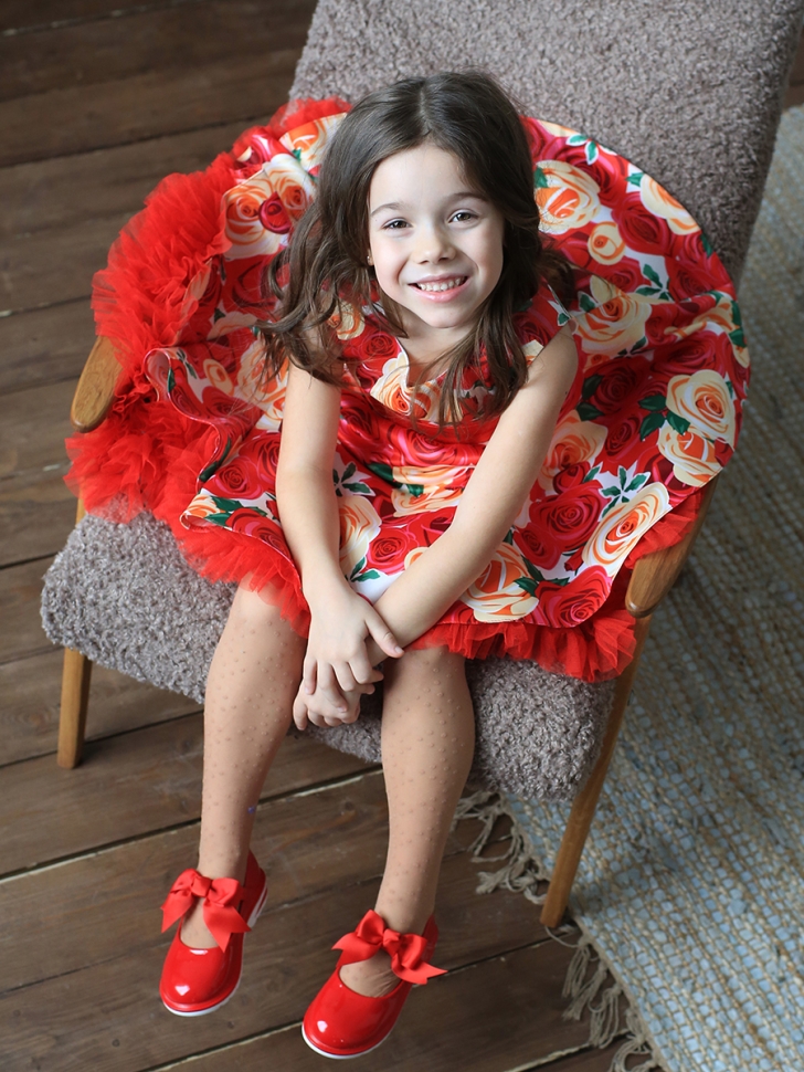 Платье для девочки нарядное БУШОН ST30, стиляги цвет красный/желтый пояс красный, принт красные цветы