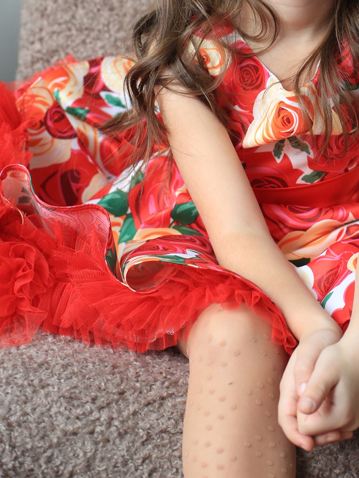 Платье для девочки нарядное БУШОН ST30, стиляги цвет красный/желтый пояс красный, принт красные цветы