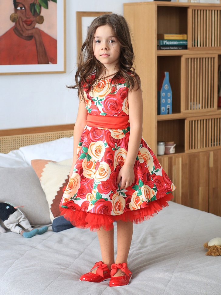 Платье для девочки нарядное БУШОН ST30, стиляги цвет красный/желтый пояс красный, принт красные цветы