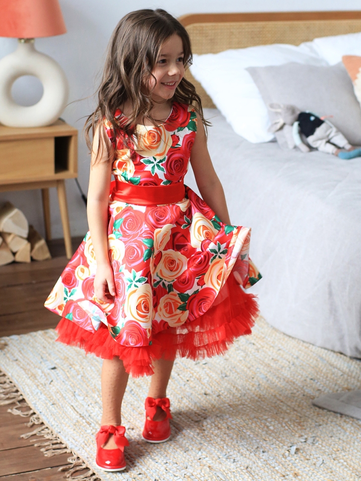 Платье для девочки нарядное БУШОН ST30, стиляги цвет красный/желтый пояс красный, принт красные цветы