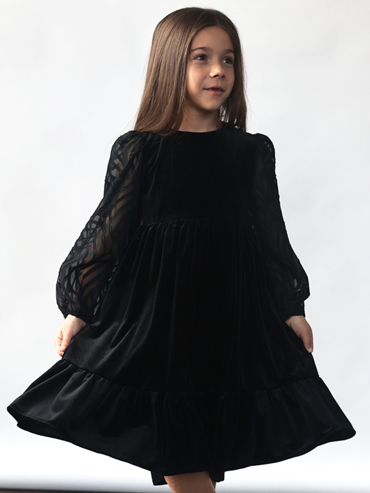 Платье велюровое нарядное БУШОН ST63, цвет черный рукав