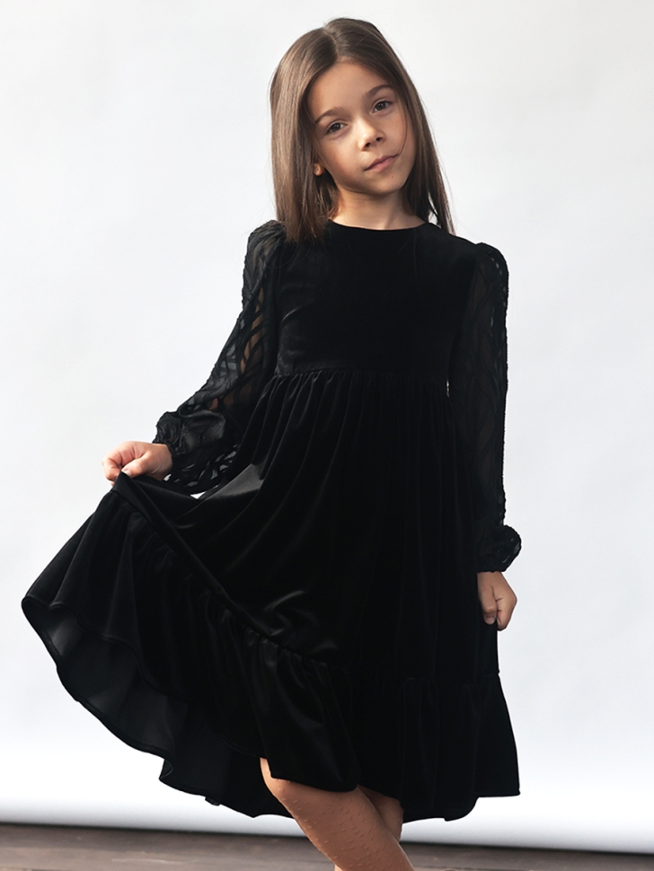 Платье велюровое нарядное БУШОН ST63, цвет черный рукав