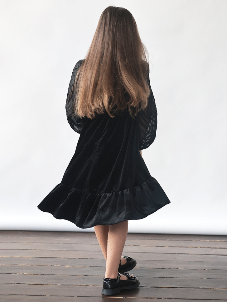 Платье велюровое нарядное БУШОН ST63, цвет черный рукав