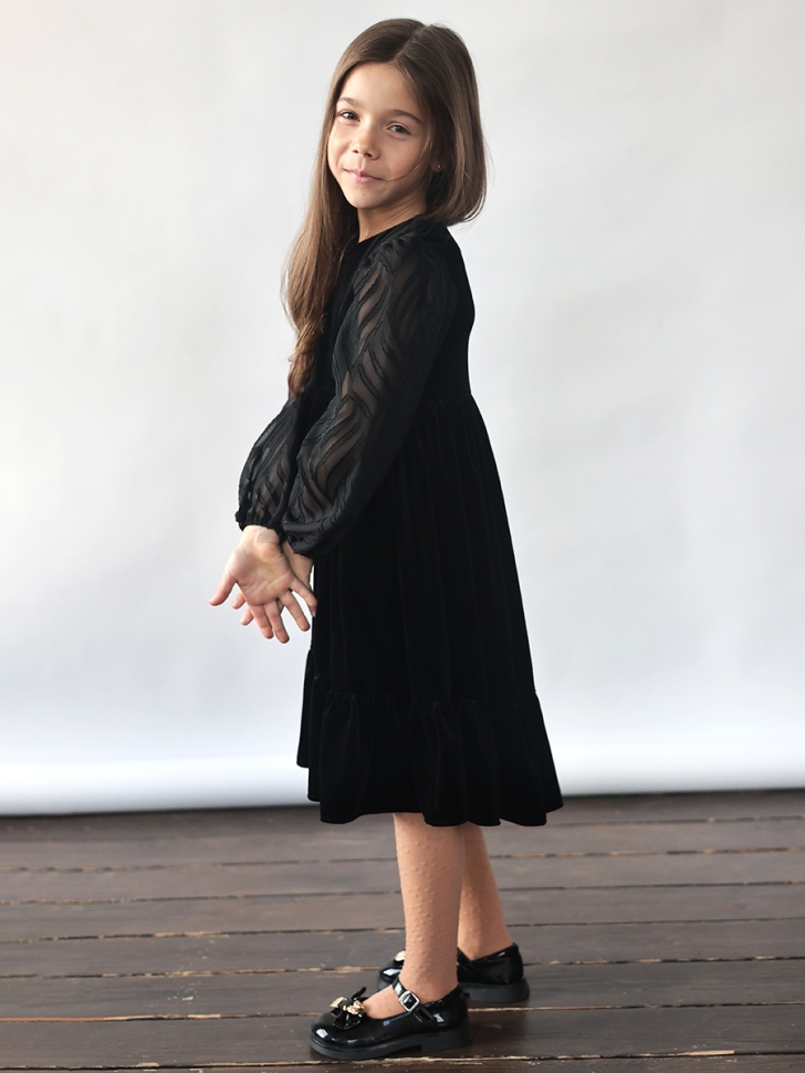 Платье велюровое нарядное БУШОН ST63, цвет черный рукав