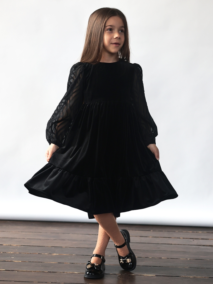 Платье велюровое нарядное БУШОН ST63, цвет черный рукав