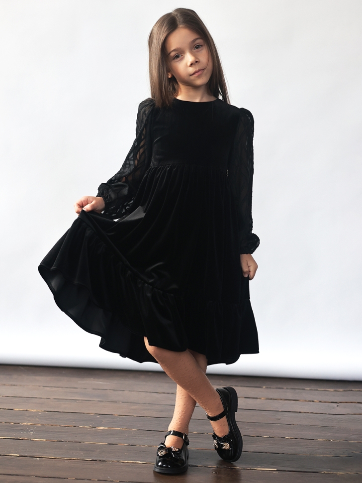 Платье велюровое нарядное БУШОН ST63, цвет черный рукав