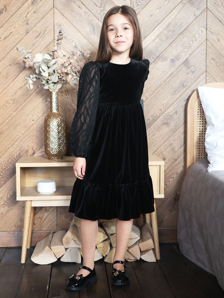 Платье велюровое нарядное БУШОН ST63, цвет черный рукав