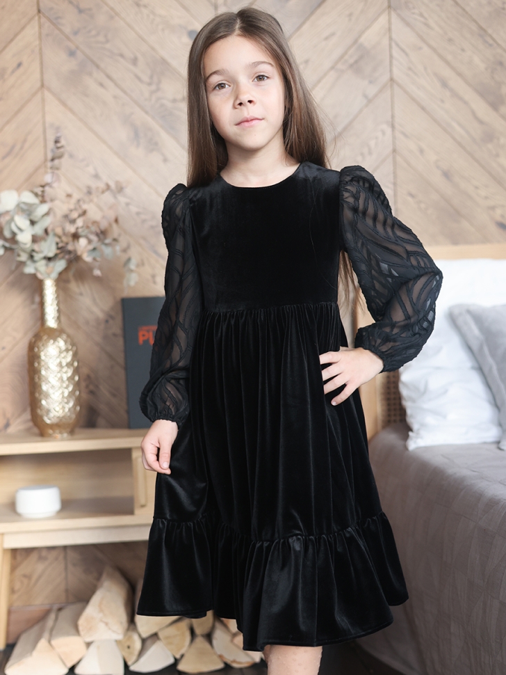 Платье велюровое нарядное БУШОН ST63, цвет черный рукав