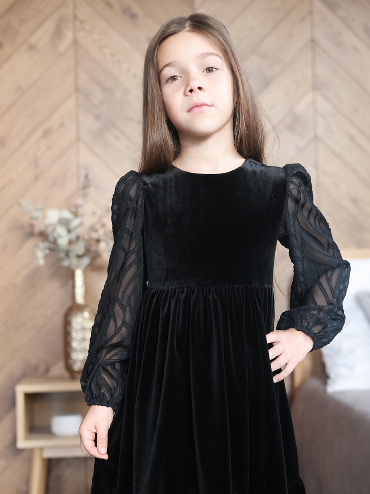 Платье велюровое нарядное БУШОН ST63, цвет черный рукав