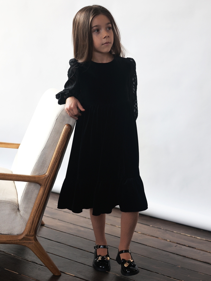 Платье велюровое нарядное БУШОН ST63, цвет черный рукав