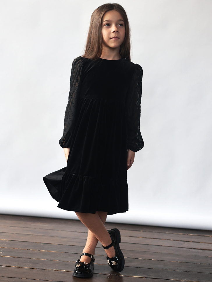 Платье велюровое нарядное БУШОН ST63, цвет черный рукав