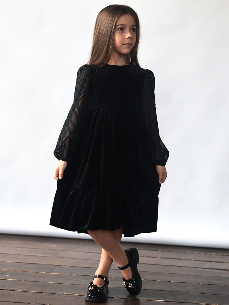 Платье велюровое нарядное БУШОН ST63, цвет черный рукав