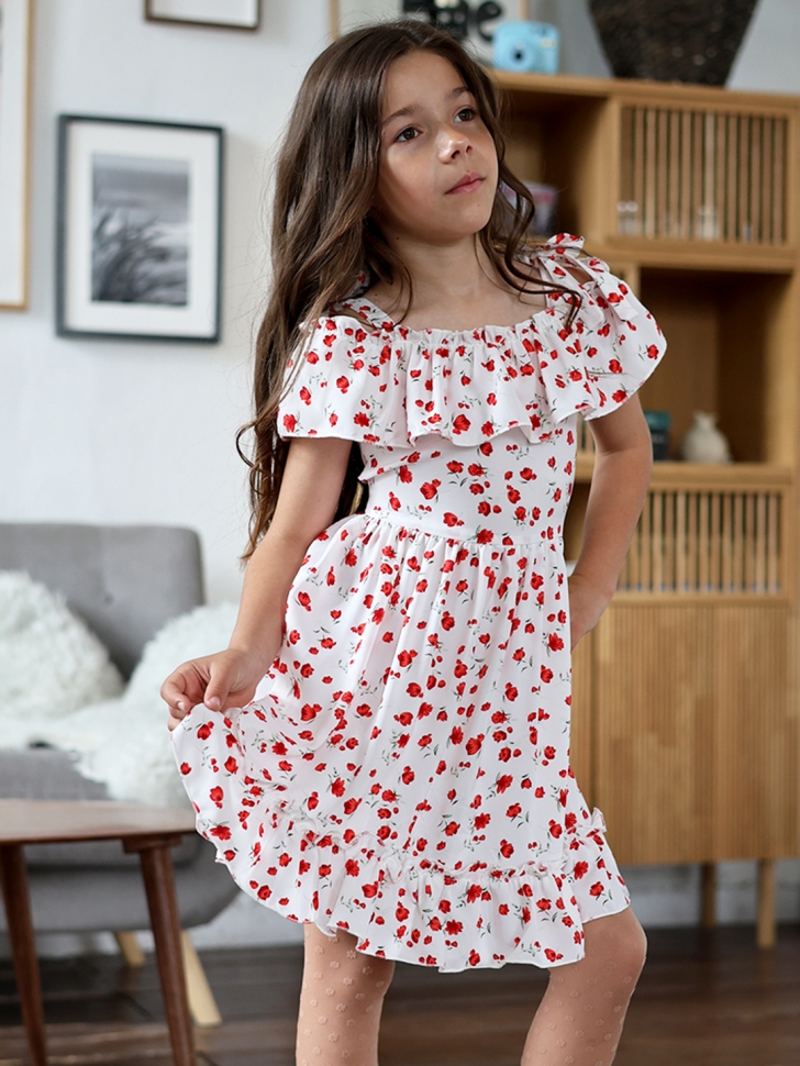 Платье для девочки вискоза БУШОН ST65, цвет белый/красный маки