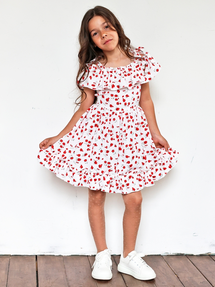 Платье для девочки вискоза БУШОН ST65, цвет белый/красный маки