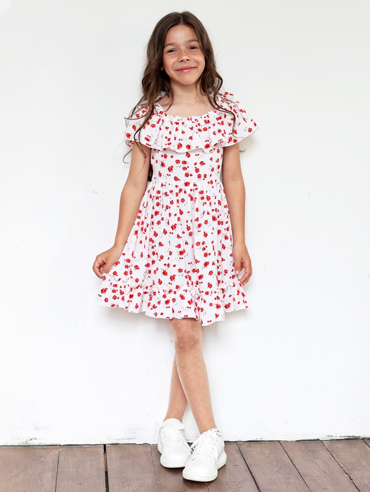 Платье для девочки вискоза БУШОН ST65, цвет белый/красный маки