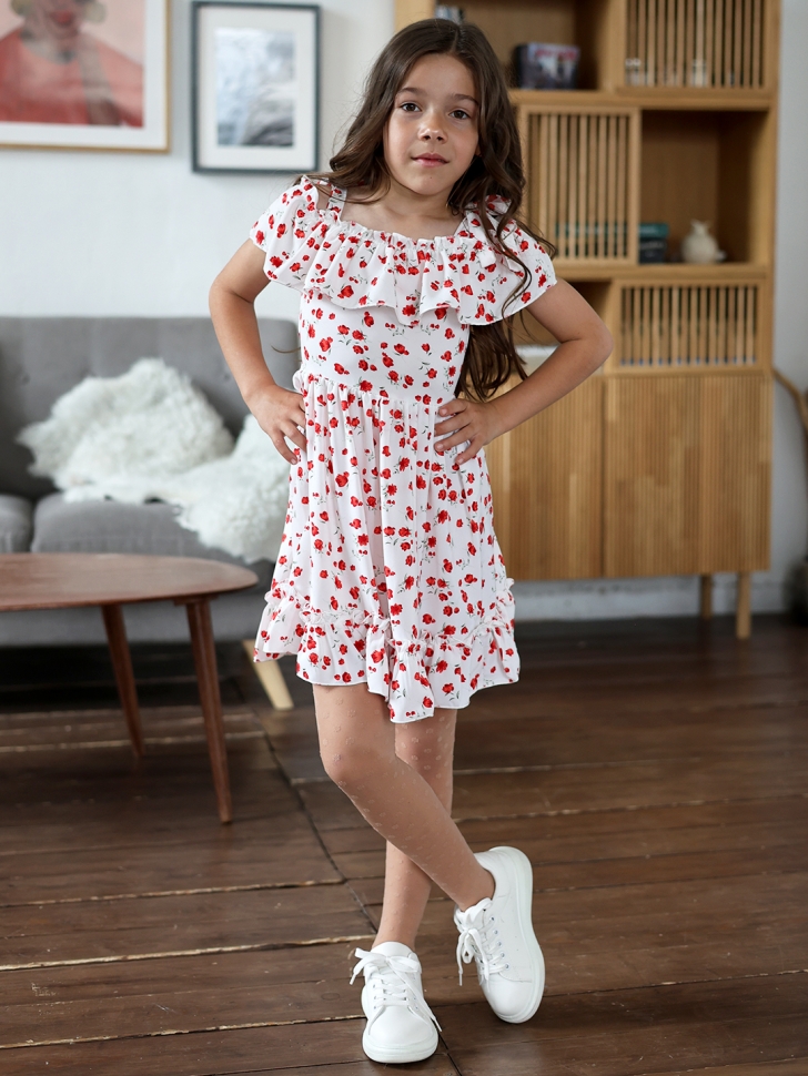 Платье для девочки вискоза БУШОН ST65, цвет белый/красный маки
