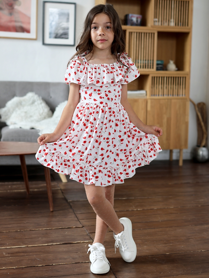 Платье для девочки вискоза БУШОН ST65, цвет белый/красный маки