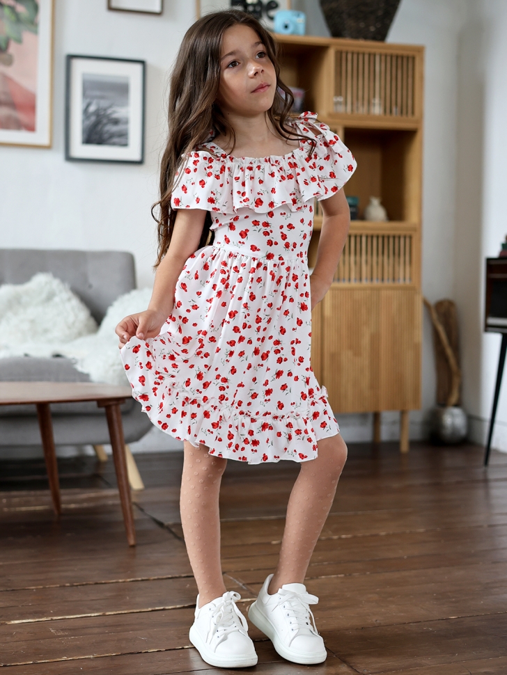 Платье для девочки вискоза БУШОН ST65, цвет белый/красный маки