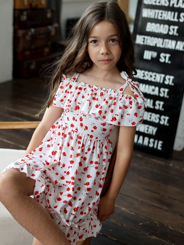 Платье для девочки вискоза БУШОН ST65, цвет белый/красный маки