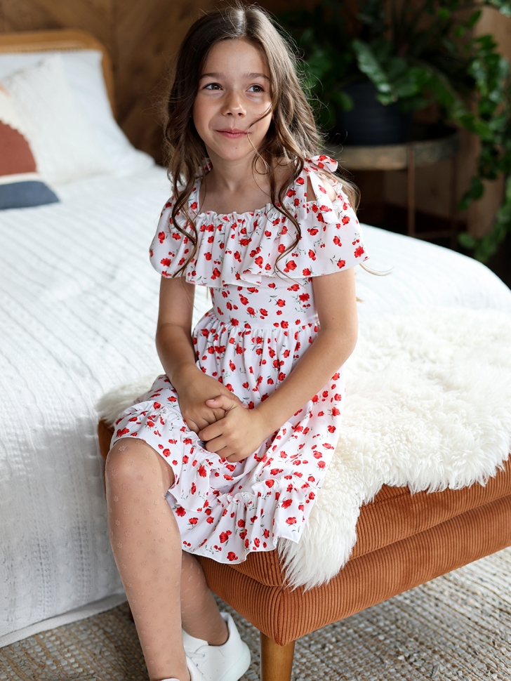 Платье для девочки вискоза БУШОН ST65, цвет белый/красный маки