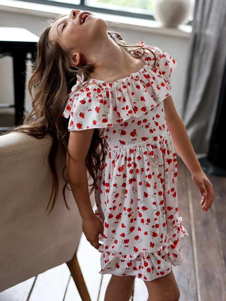 Платье для девочки вискоза БУШОН ST65, цвет белый/красный маки