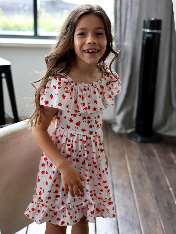 Платье для девочки вискоза БУШОН ST65, цвет белый/красный маки